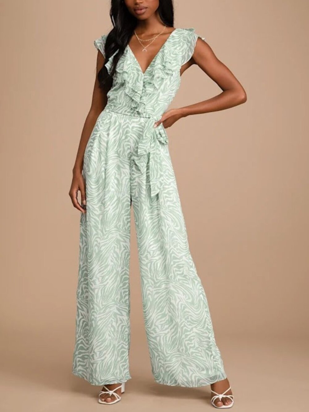 Vacay Vibes Sage Green Animal Print Ruffled Wide-Leg Jumpsuit M
